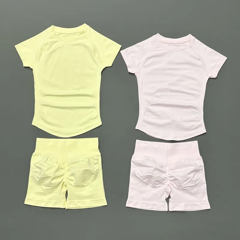 2Pcs HISTELLO Fitness Set Seamless Ultra Stretch Short Sleeve Women Top Ruched Booty Shorts Tummy Control Quick Dry Gym Workout