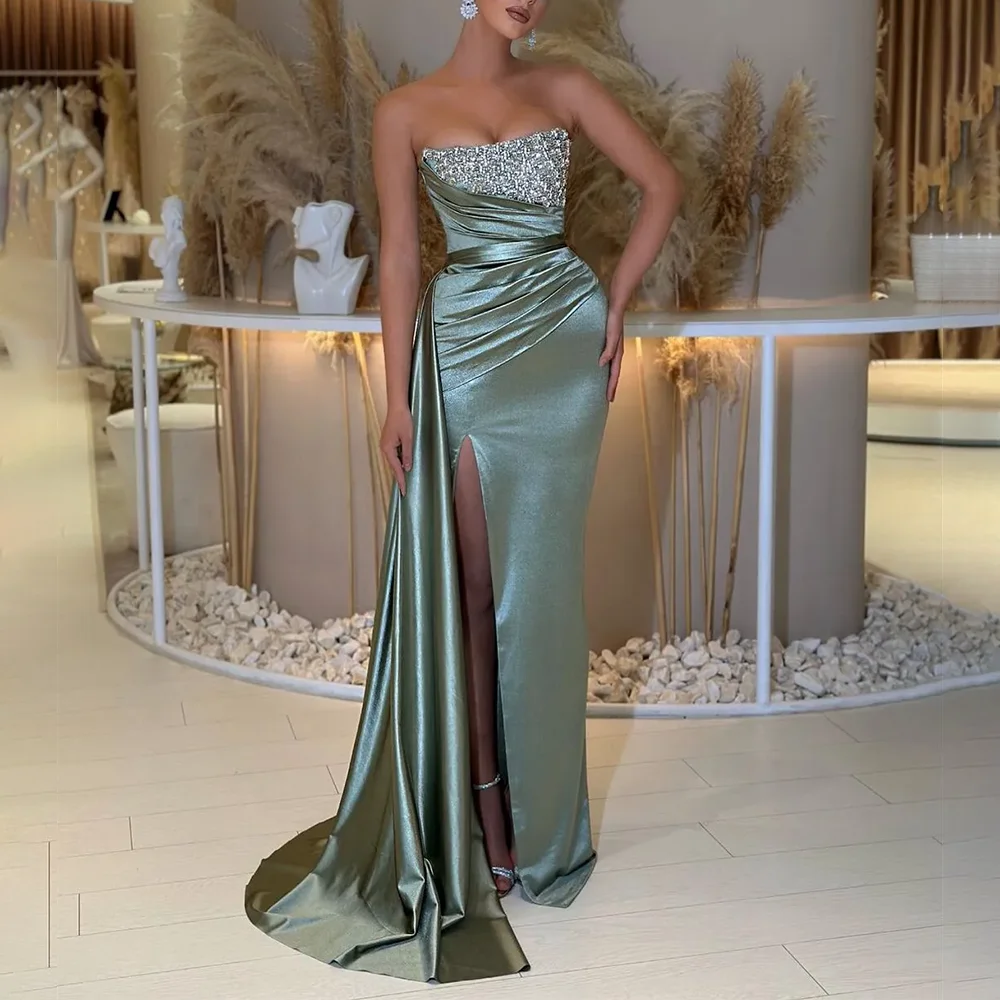 エレガントなサテンのイブニングドレスフォーマルパーティーウエディングドレスストラップレスビーズトランペットノースリーブイブニングウエディングドレスカスタマイズ2025