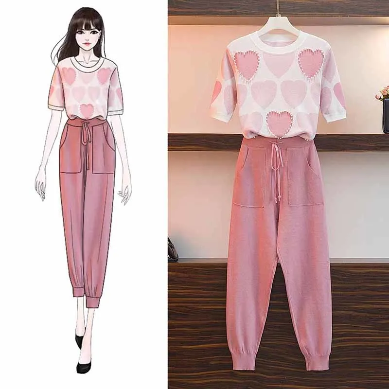 Fashion Love Printed Knitted Two Peice Suit Women Long Sleeve Sweater Tops And Solid Colors Casual Pants Female Suit