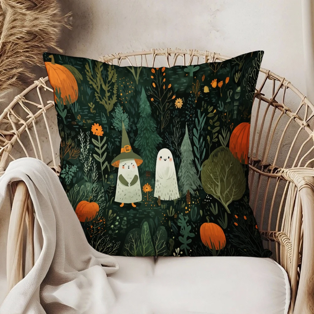 Square Throw Pillow Case Dark Green Halloween Forest Ghost Witch Pumpkin Print Decorative Cushion Cover For Living Room Sofa Bed