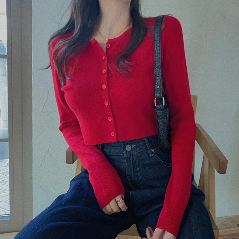 Autumn Hotsweet Knitted Cardigan Women Solid Color Long Sleeve Slim Short Knitwear Fit Small Jacket Knitted Top