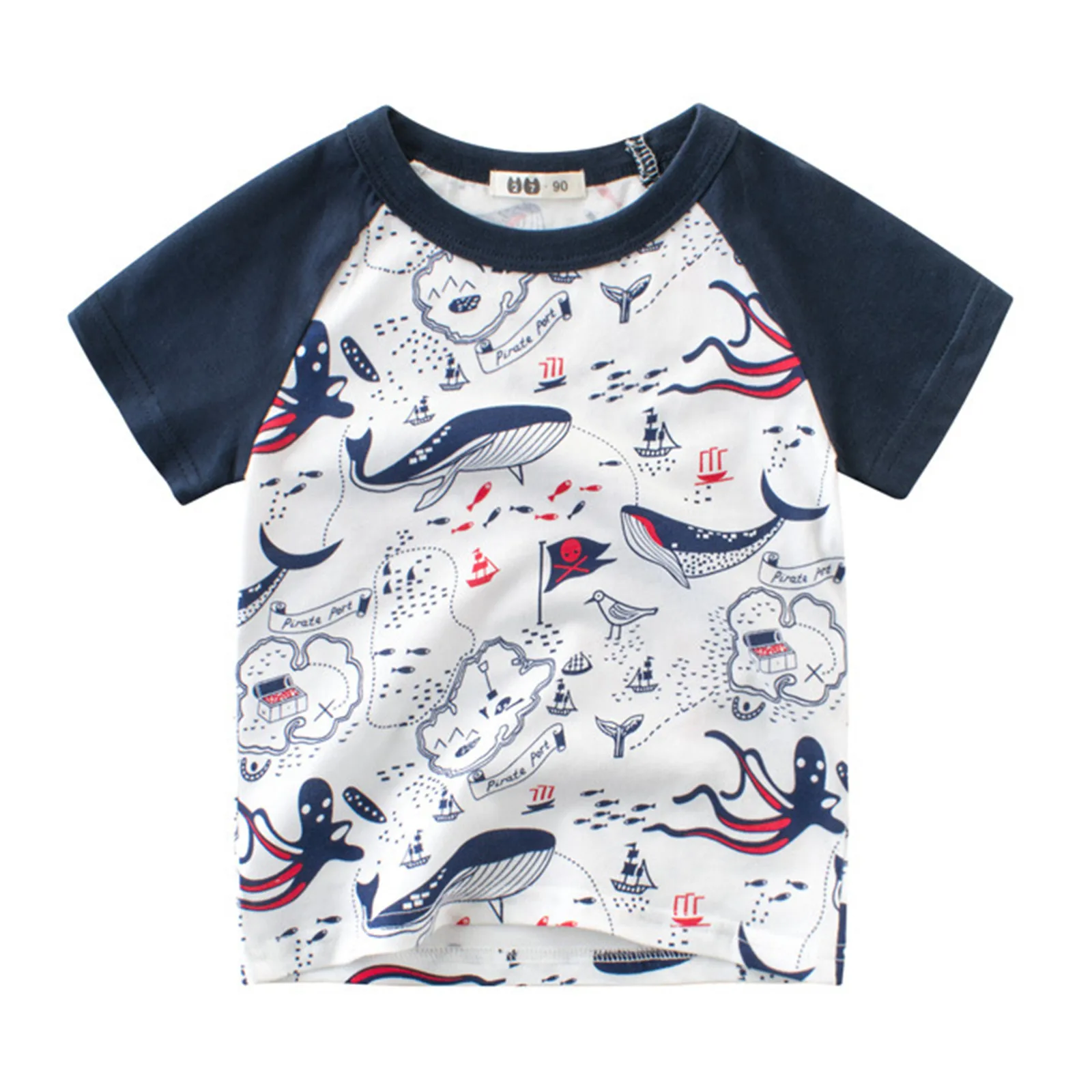 

Hot Selling Kids Clothes Boys Cute Sharks Printed Tee Dinosaur Crewneck Short Sleeve Cartoon Baby Tops