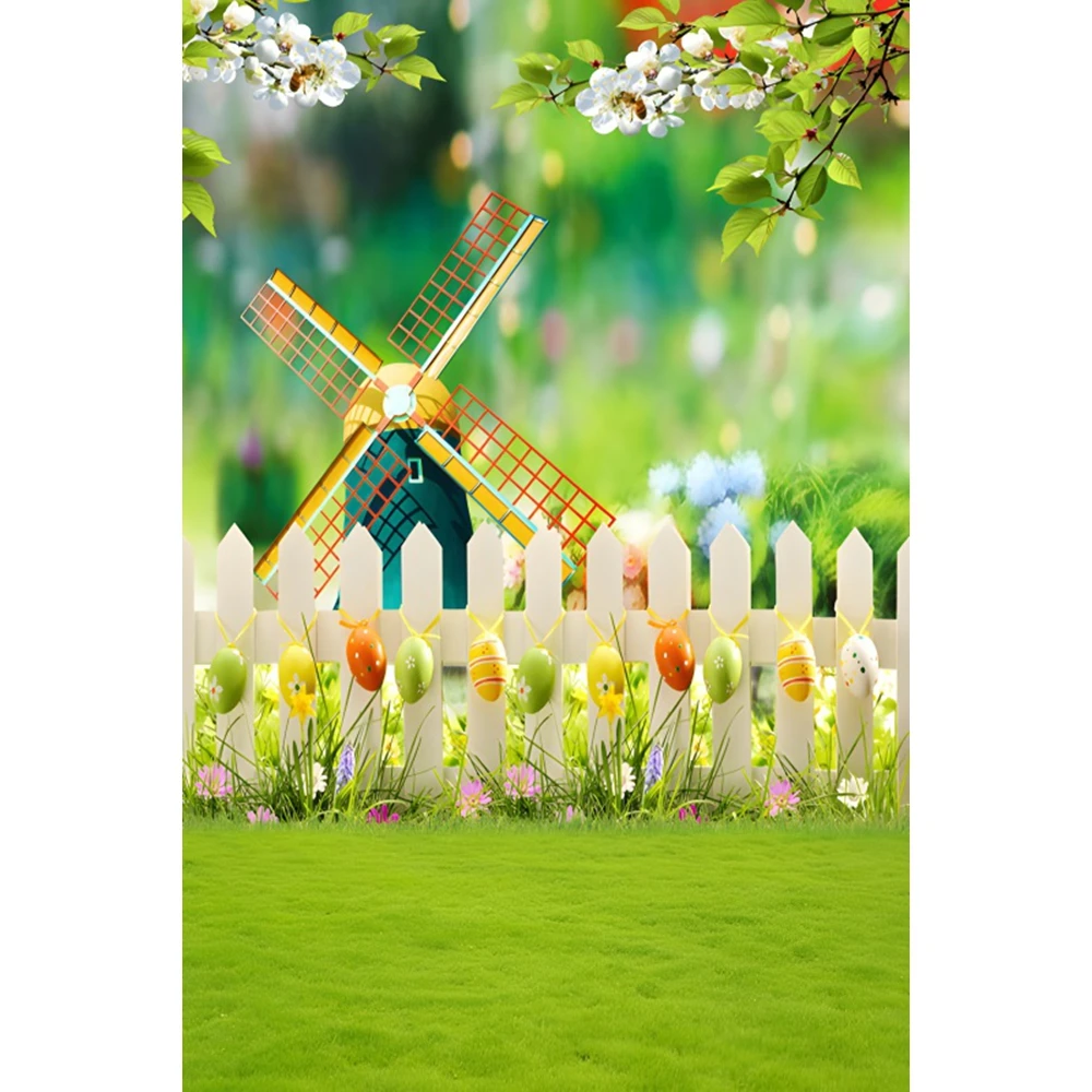 Easter Spring Garden Photo Backdrop Windmill Fence Egg Rabbit Grass Flower Portrait Shooting Party Decor Photography Background