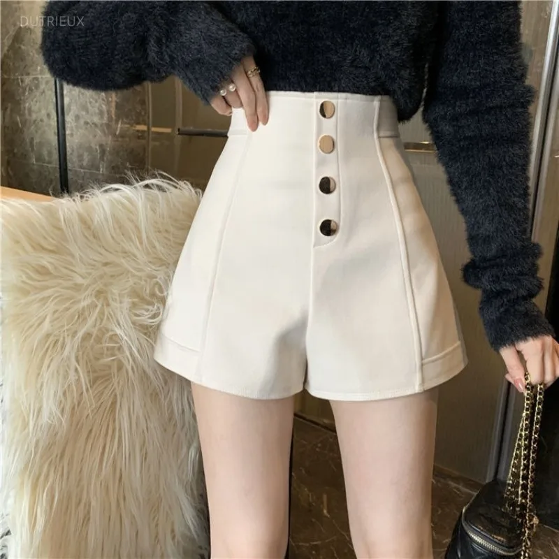 Woolen Shorts Mujer Solid Buttons High Waist Autumn Winter Woman Pants Korean Fashion Vintage Sexy Pantalones Cortos