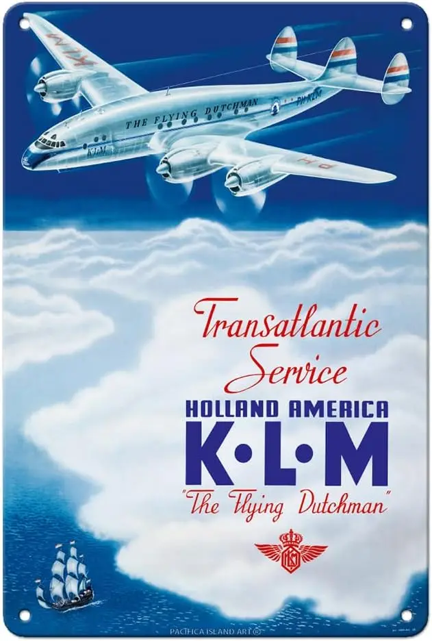 Pacifica Island Art KLM Transatlantic Service - Holland America - KLM Royal Dutch Airlines - Vintage Airline Travel Poster  sign