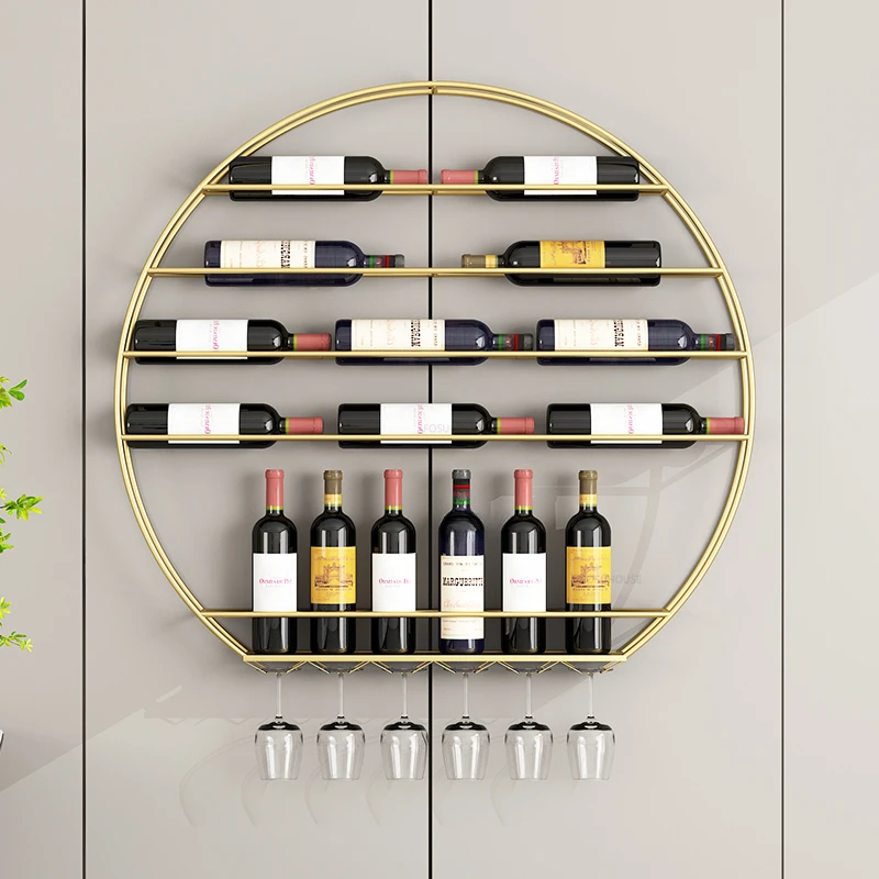 European Iron Wall-mounted Wine Rack Modern Bar Furniture Creative Wine Glass Rack Home Golden Wine Cabinet Round Display Rack