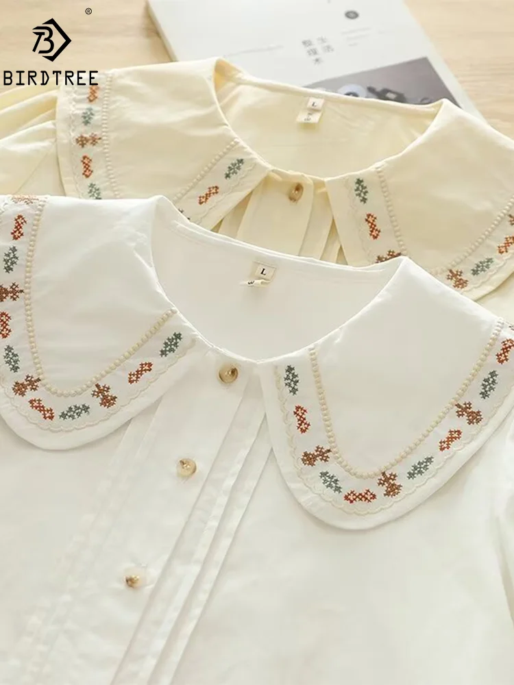 New Spring Cotton Casual Shirt Women Embroidery Loose Blouses Mori Girl Short Sleeve Peter Pan Collar Top 2024 Summer T45538QM