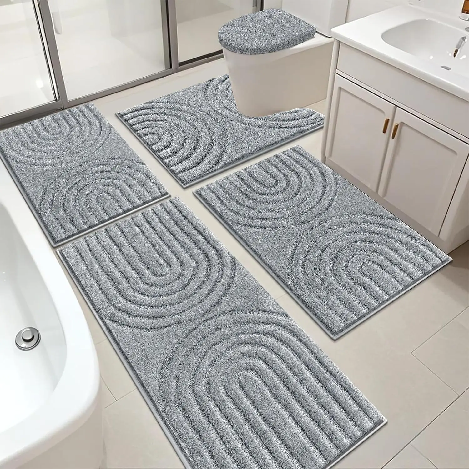 

HEBE Bathroom Rugs Set 5 Piece, Plush Absorbent Bath Mats for Bathroom, Non Slip Machine Washable Bath Mat Set with Toilet Cover