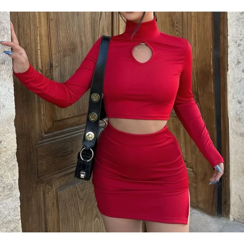 

New Autumn Fashion Women's Long Sleeve Skinny T-shirt & Sexy Mini Split Skirt Set Female Casual Clothes Women Simple Skirts Sets