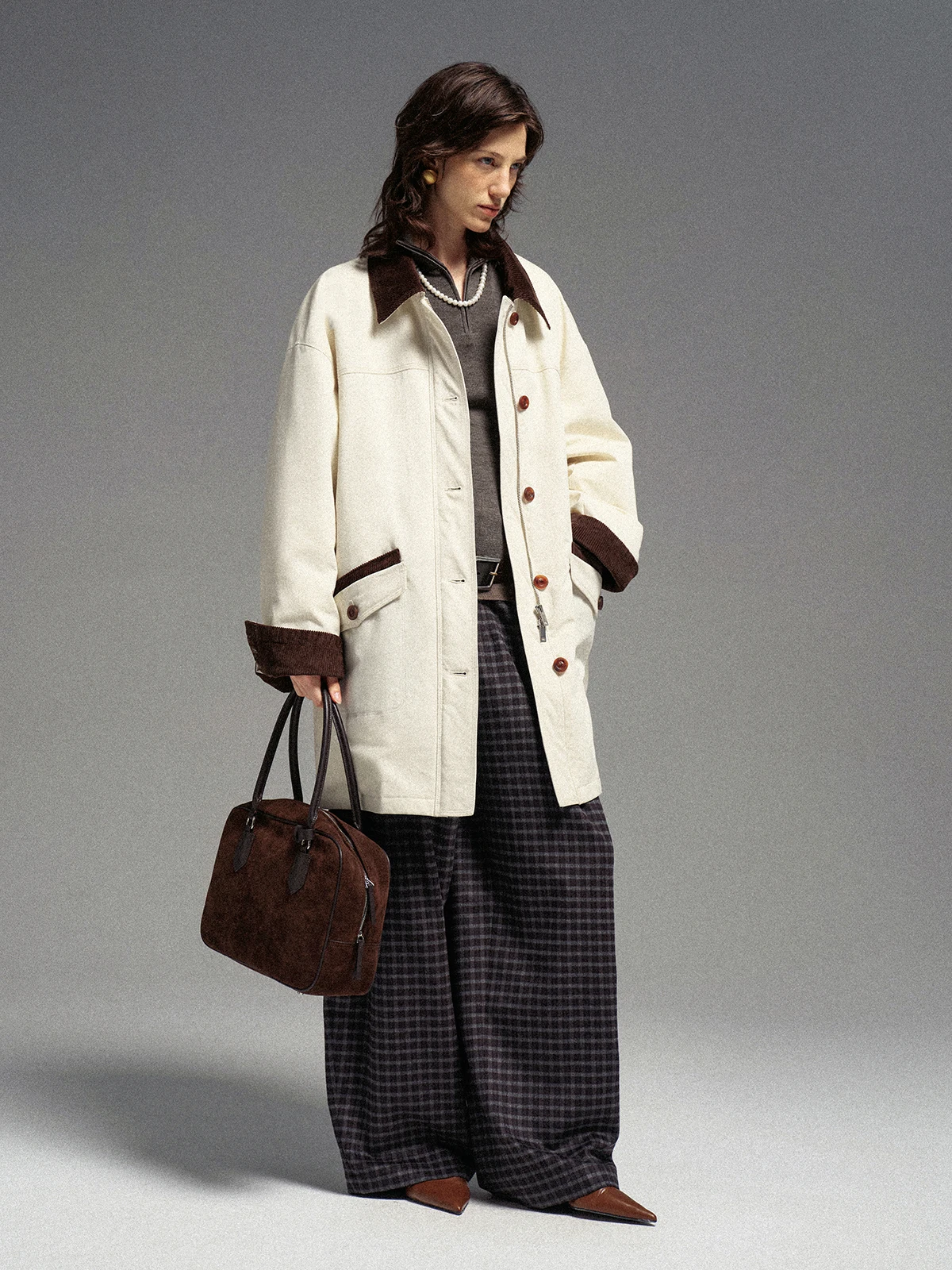 

FLOWERSAYS Wonderful Corduroy Patchwork Mid-Length Jaet Sle Du down Puffer Coat Clean Fit Straight Cut 90% down Filling