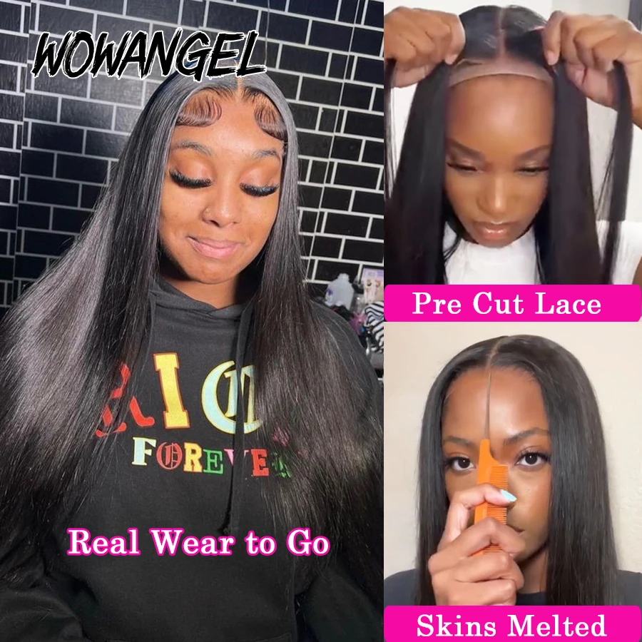 Wow Angel Pre Cut Glueless Wigs Ready To Wear 5x5 HD Lace Closure Wigs Human Hair Wigs Straight PrePlucked Melt Skins For Women