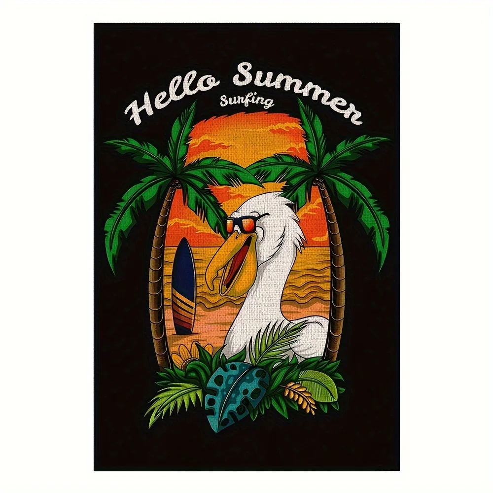 1pc,Hello Summer Pelican Garden Flag,Summer Beach Flag, Beach Sign, Beach Flag 12x18 Inch Burlap Double Sided