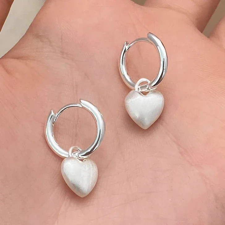 

Real 925 Sterling Silver Frosted Heart Pendant Hoop Earrings for Women Light Luxury Fine Jewelry Cute Accessories