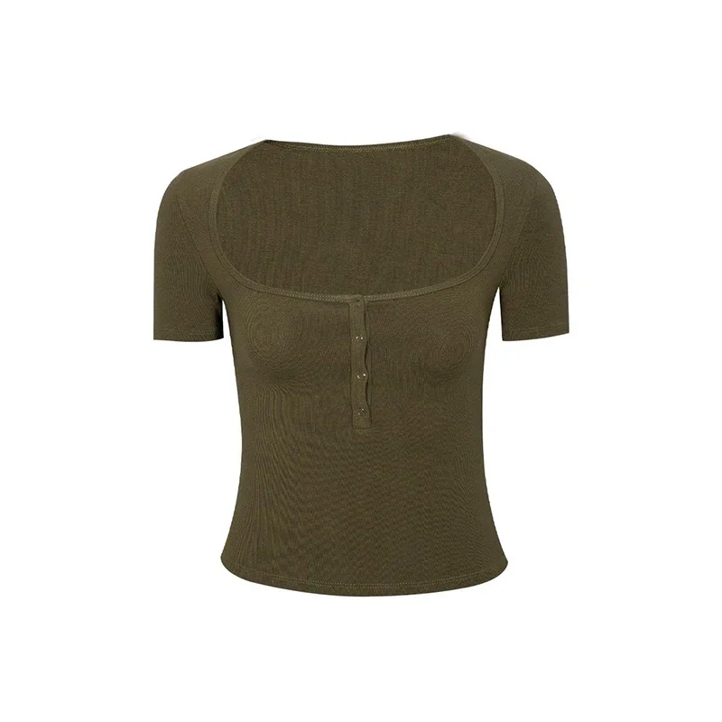 Lucyever Y2K Button Up V-Neck Crop Top Women Sexy Low-Cut Skinny Cropped T Shirts Woman Summer Solid Basic Short Sleeve Tees