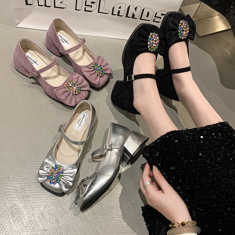 

Роскошные женские босоножки на высоком каблуке с кристаллами и бантом 2024, массивная обувь Мэри Джейн, новые дизайнерские летние туфли в стиле ретро в стиле Лолиты, женские туфли-лодочки