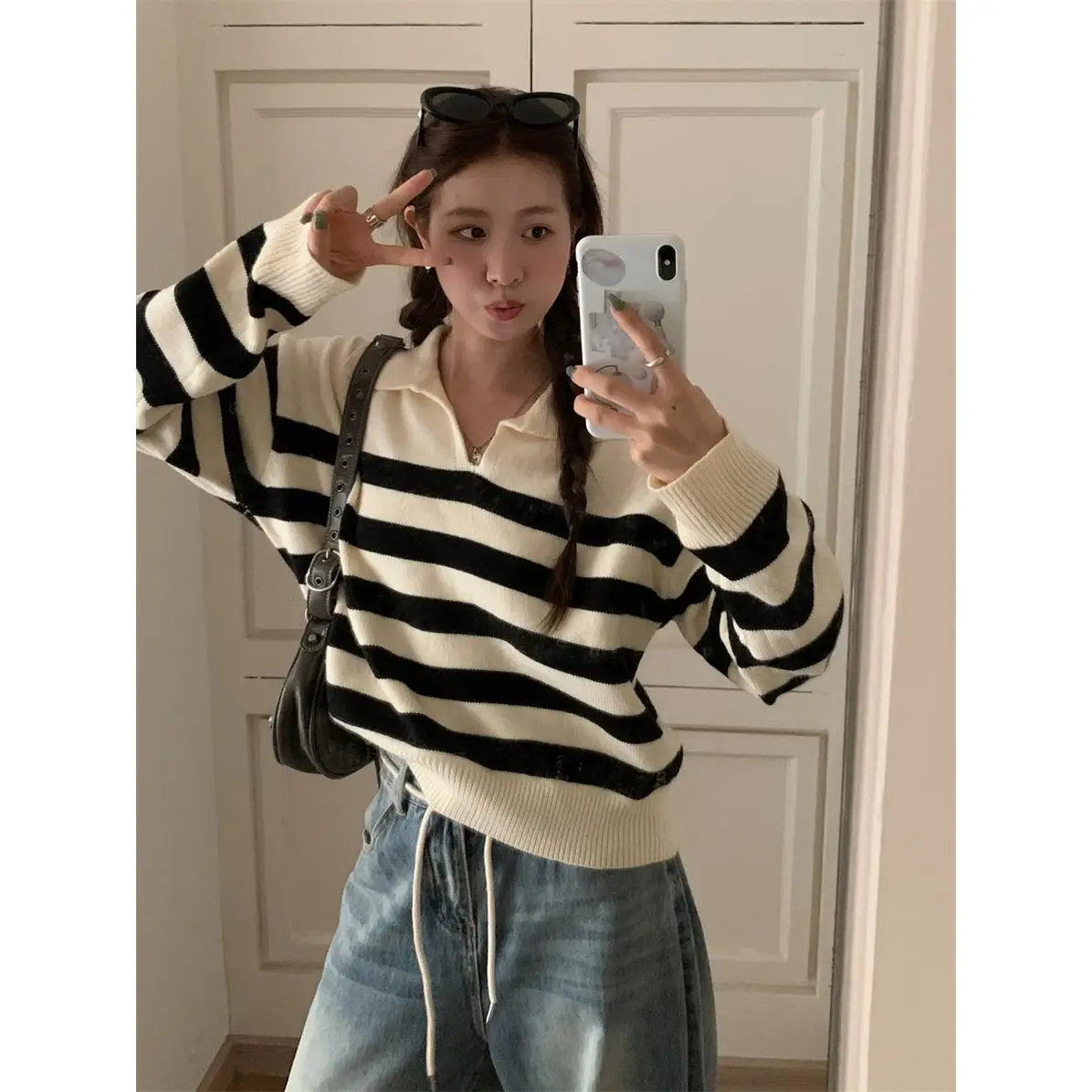 

Вязаный свитер в полоску для похудения с v-образным вырезом и воротником Fem Faion, осень 2025 г., триацетатное волокно, 00% маленький ат, антивозрастной, ленивый Sle