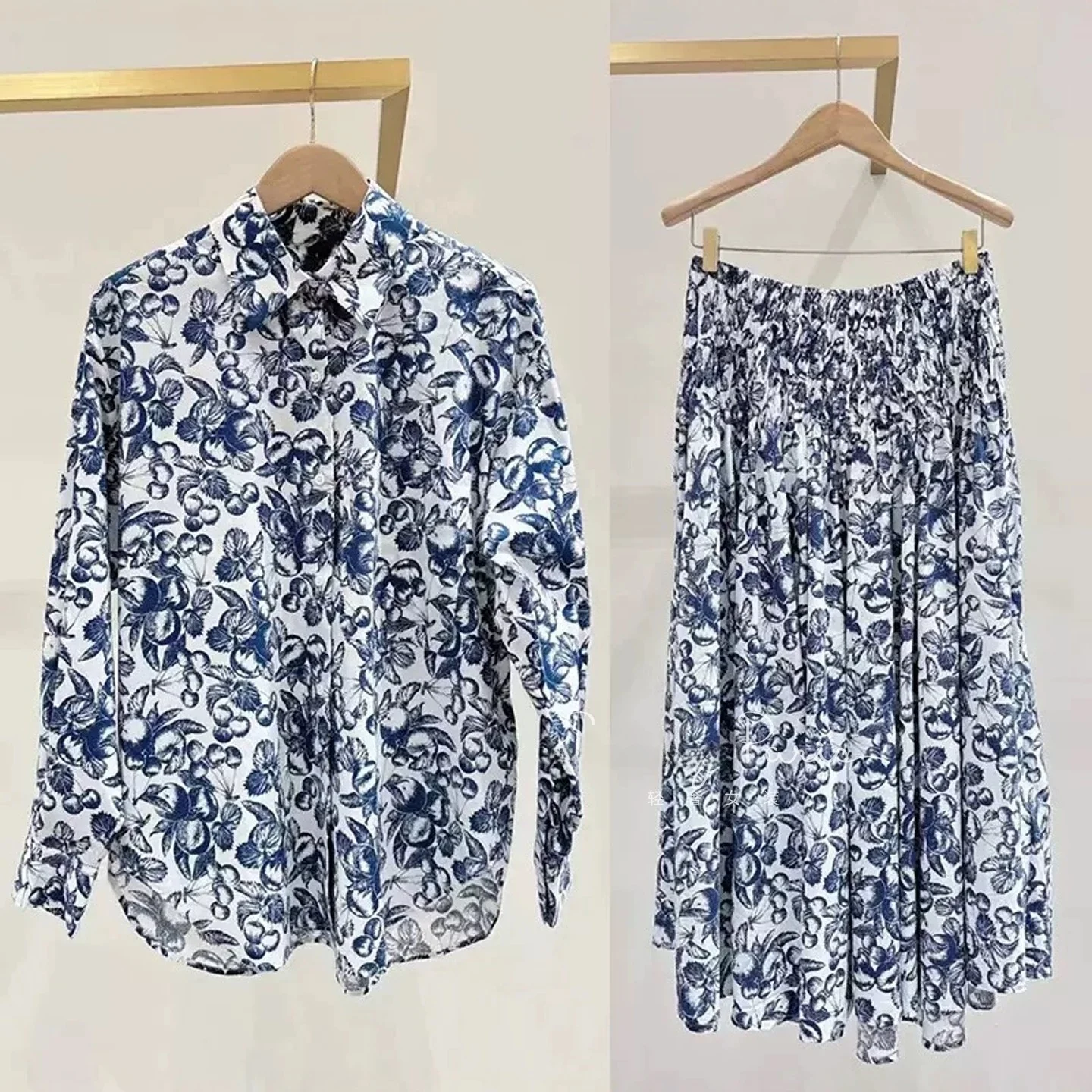 

Autumn Winter Mj Porcelain Print Pure Cotton Long Sleeve Shirt Top Vest Half Skirt Commute Style Loose Fit Floral Embroidery ...