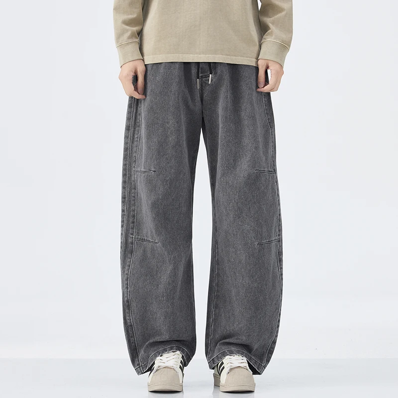 

Мужские повседневные джинсы свободного кроя с эластичной резинкой на талии, уличная рабочая одежда, весенне-осенние прямые длинные брюки, удобные свободные брюки