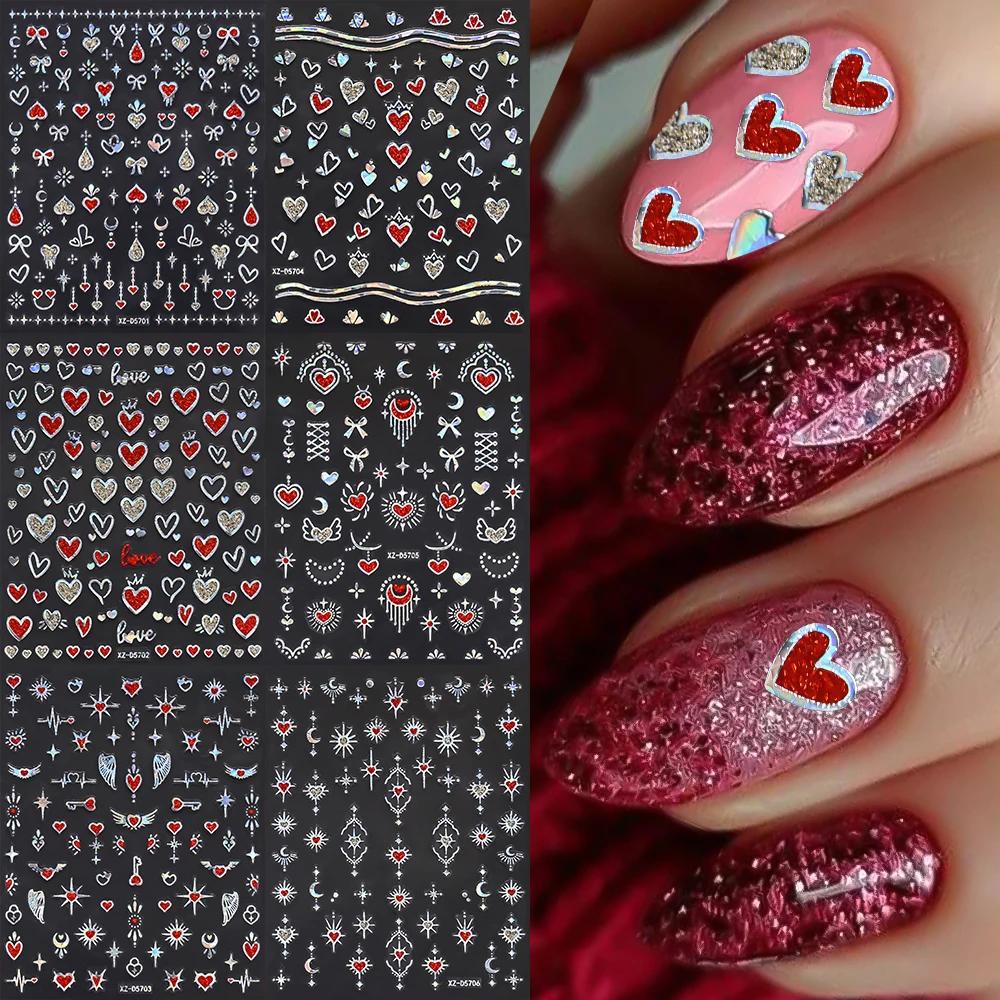 6/8 Stuks Laser Zilver Liefde Hart Nail Sticker 3D Zon Maan Sterrenlicht Lijm Decals Valentijnsdag sliders Manicure Decoratie