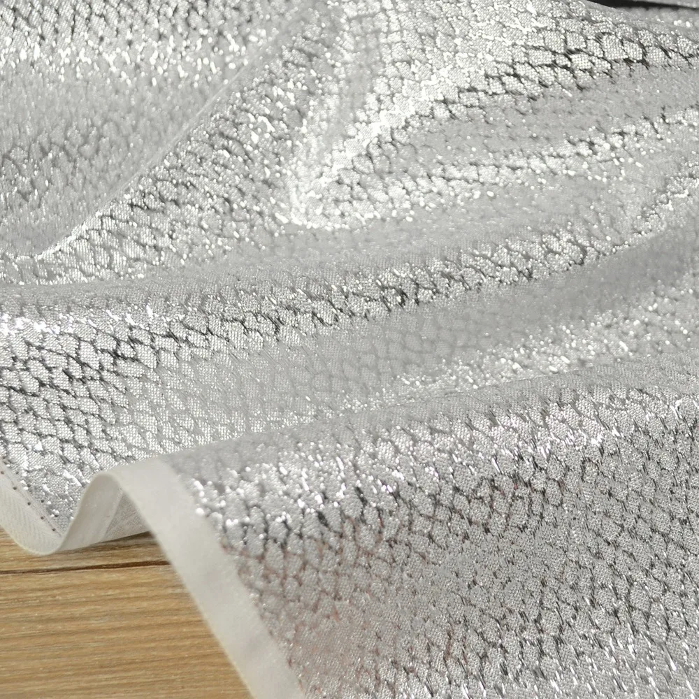 All-over Silver Metallic Woven Designer Fabric, Stiff High Shine Opaque Mesh for Couture Dress Jacket, DIY Sewing Material