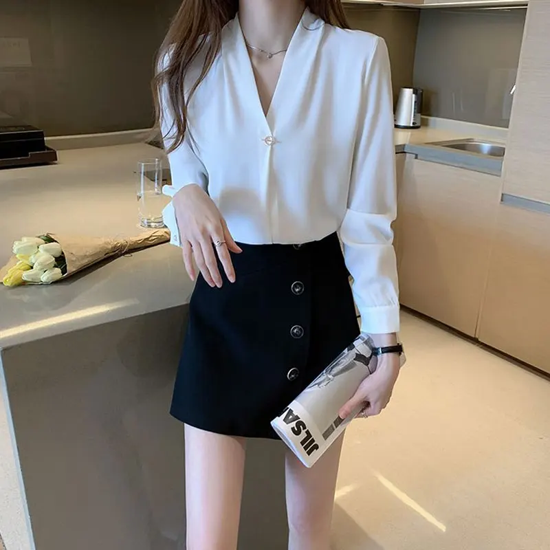 Female Clothing Commute V-Neck Solid Color Shirt Stylish Long Sleeve Spring Autumn Button Three-dimensional Decoration Blouse