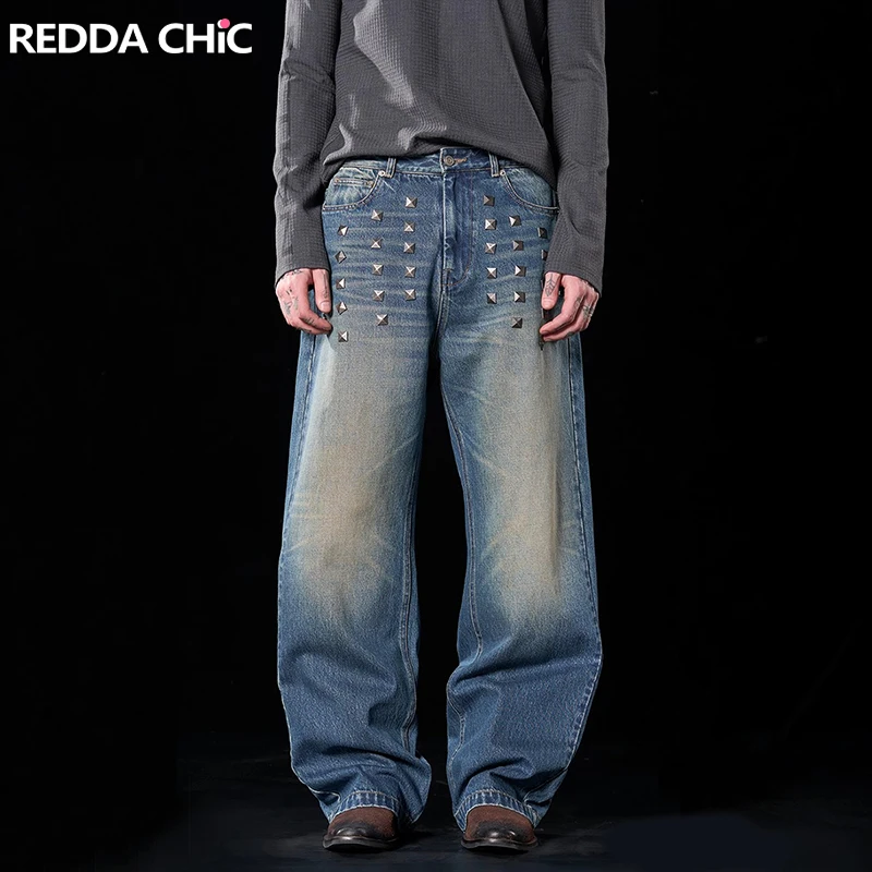 

REDDACHiC Мужские мешковатые джинсы в стиле хип-хоп с заклепками, прямые широкие потертые джинсовые брюки в уличном стиле, повседневная одежда в стиле ретро 90-х годов