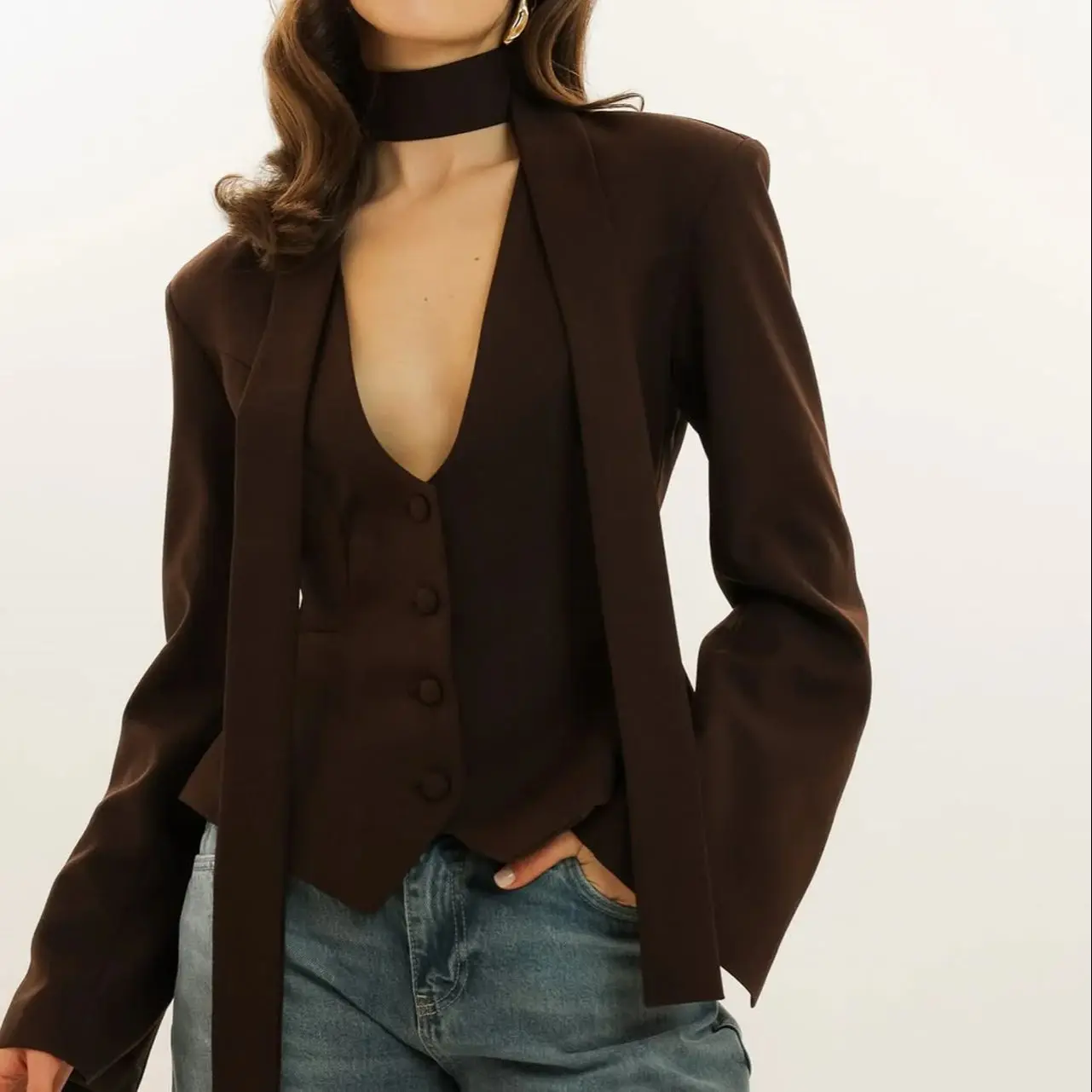 Women‘s Fitted Blazer With Scarf Tie V-Neck Long Sleeve Patchwork Slim Jacket Elegant Luxury Outwear Office Coat High Waisted S