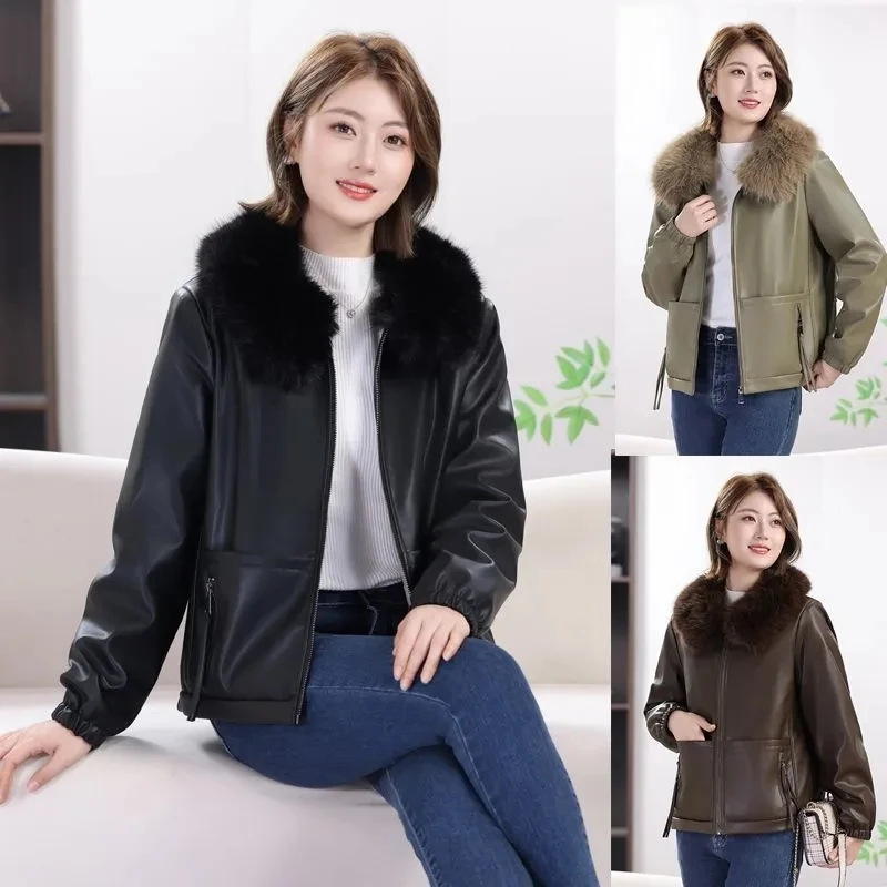 Damenjacken Herbst/Winter Lässige Mode Joker Gerade Mit Pelzkragen Reißverschluss Plus Samt Lederjacke Leder Damenmantel