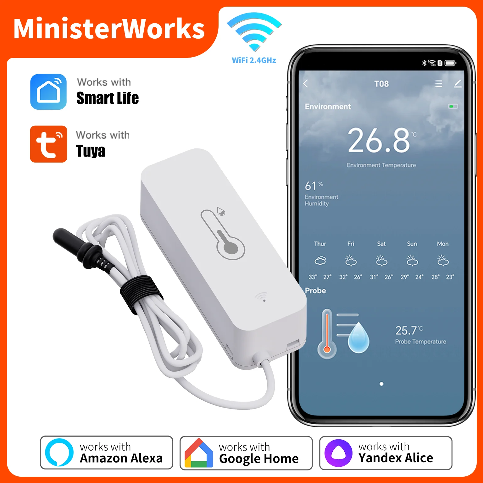 Tuya WiFi Temperature Humidity Sensor 1M External Sensor Cable Probe APP Remote Monitor Work With Alexa Yandex