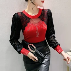 2024 New Spring Fall Korean Clothes T-Shirt Chic Sexy Hollow Out Patchwork Lace Shiny Diamonds Women Tops Long Sleeve Tees 41005