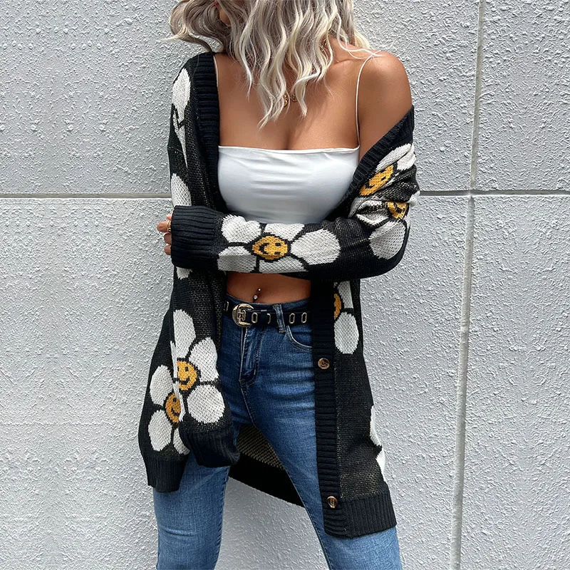 Women Floral Print Sweater Cardigan Female Mid Long Crochet Knitted Jacket Coat Ladies Flower Knit Sweaters Outerwear Clothing