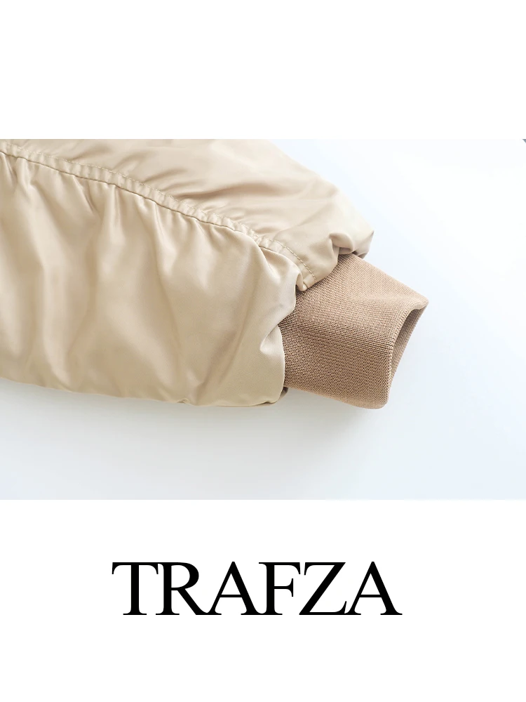 TRAFZA Dames Wintermode Retro Zijde Satijn Getextureerde Korte Jas Vrouwelijke Eenvoudige Casual Ritszak Straat Lange Mouw Jas