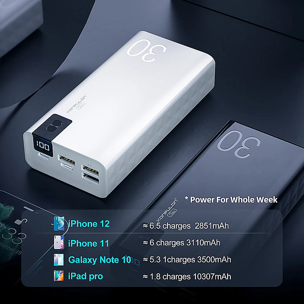 

Power Bank 30000mAh 18W Large Capacity Charger LCD Display Portable Auxiliary External Battery Powerbank for iPhone 12 13 Xiaomi