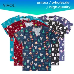 Unisex Christmas Short Sleeve Printing Medical Hospital Nursing Uniforms Scrub Tops Dentist Veterinary Scrubs Work Clothing Mens