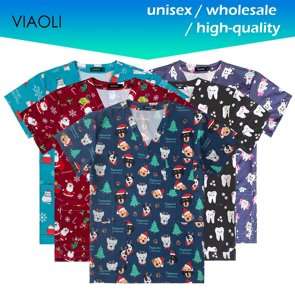 Unisex Christmas Short Sleeve Printing Medical Hospital Nursing Uniforms Scrub Tops Dentist Veterinary Scrubs Work Clothing Mens