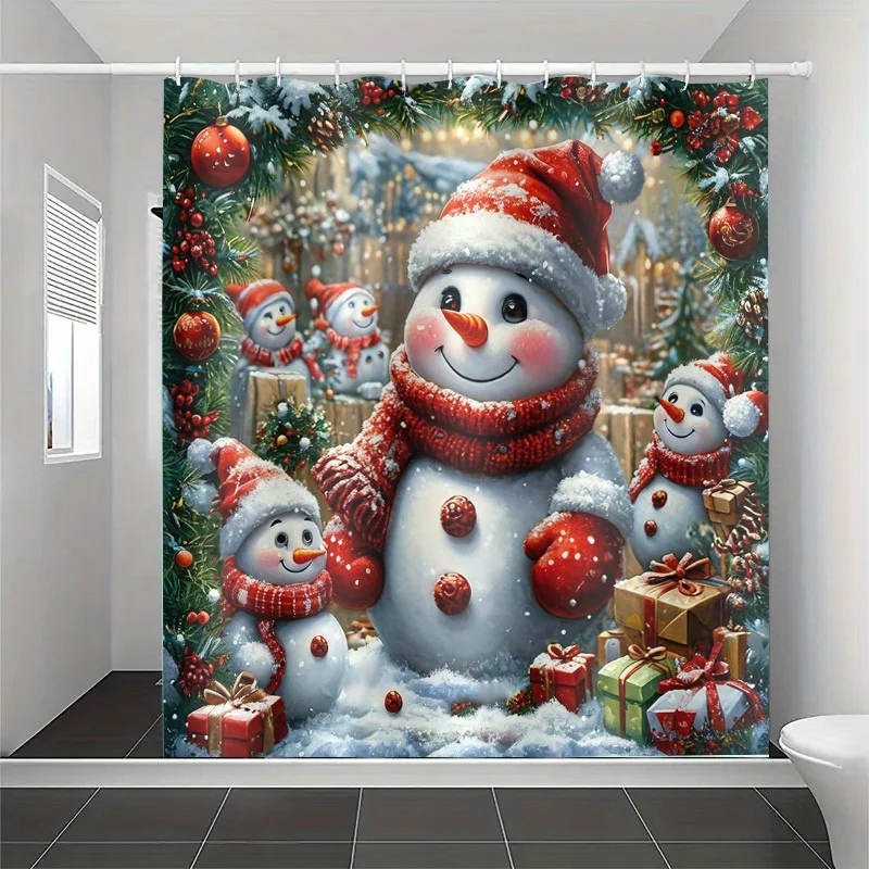 

Festive Snowman Family Bath Curtain - Polyester, Washable, Machine Washable with Hooks, Christmas & Holiday Themed Design