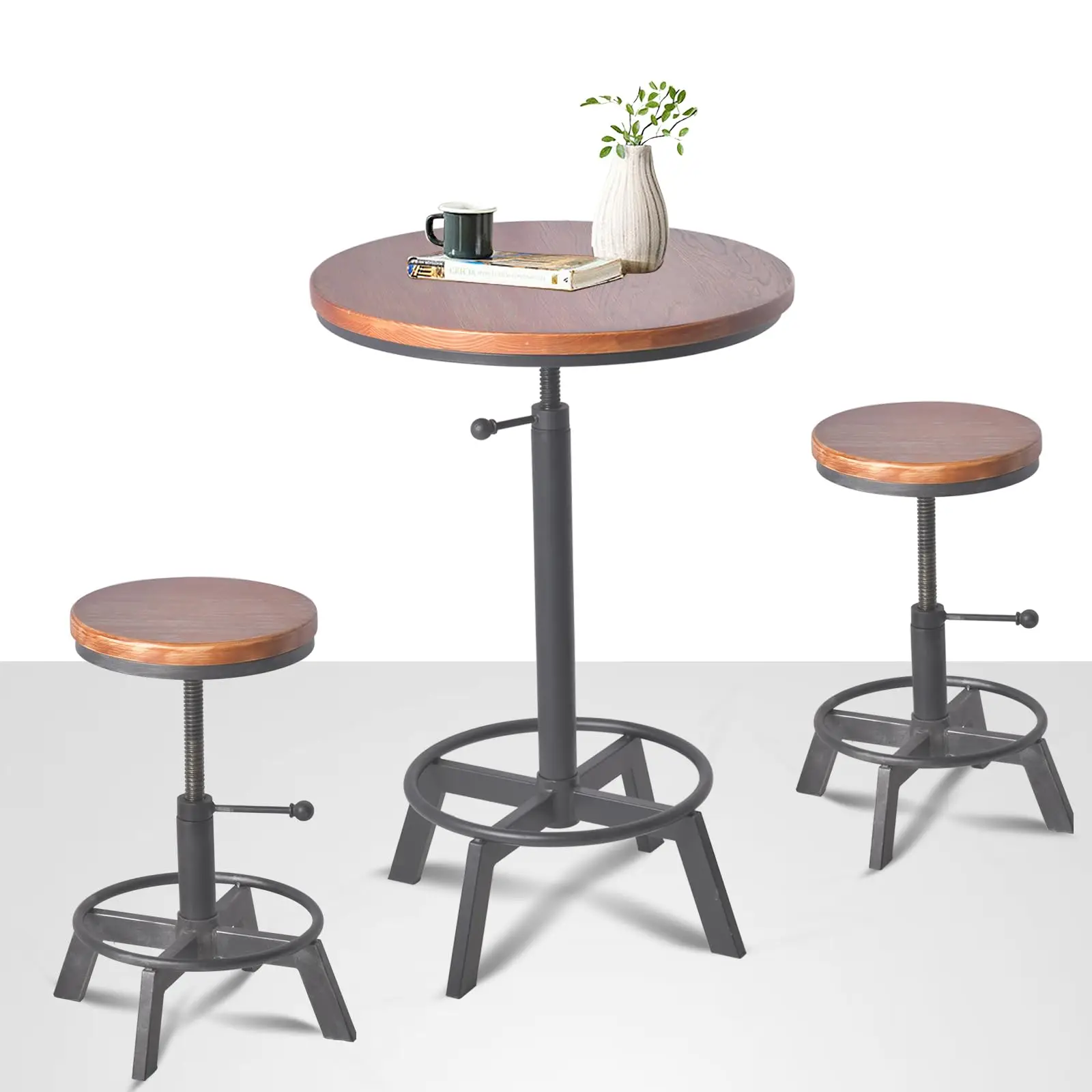 

Industrial Vintage Bar Table And 2 Stools Set Height Adjustable Wooden Top For Kitchen Dining Cafe