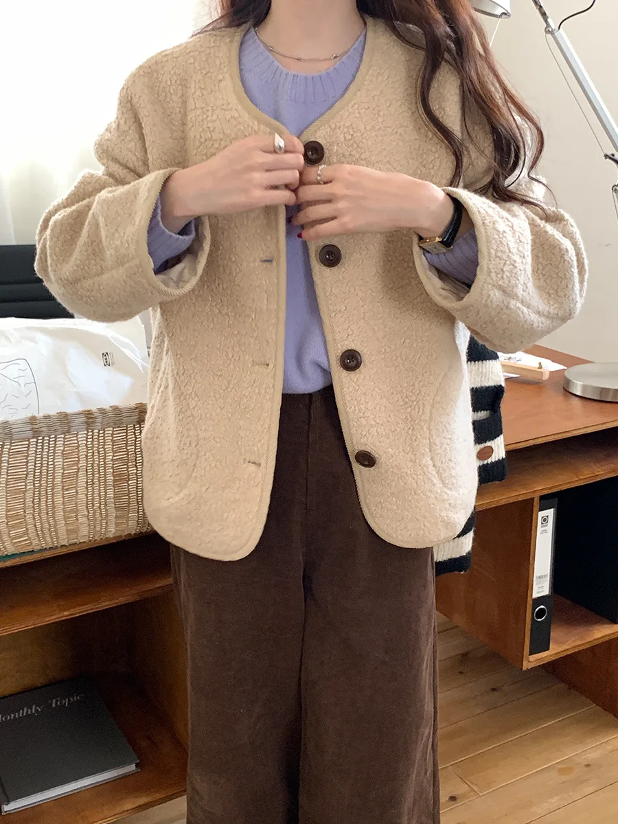 Lambswool coat for women 2024 autumn and winter new Korean style loose casual plush top (containing 60% wool)