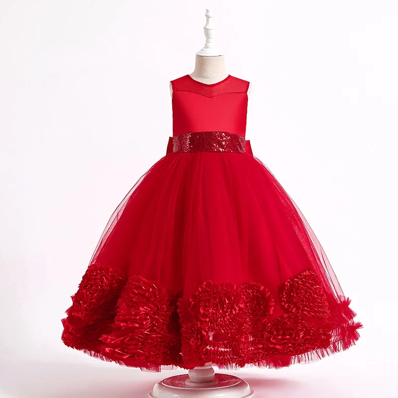 2023 Verão Rosa Vermelho Verde Menina Princesa Vestido de Festa Cerimônias de Aniversário Assimétrico Tule Casual Vestido de Baile 5-14 Ano de Idade