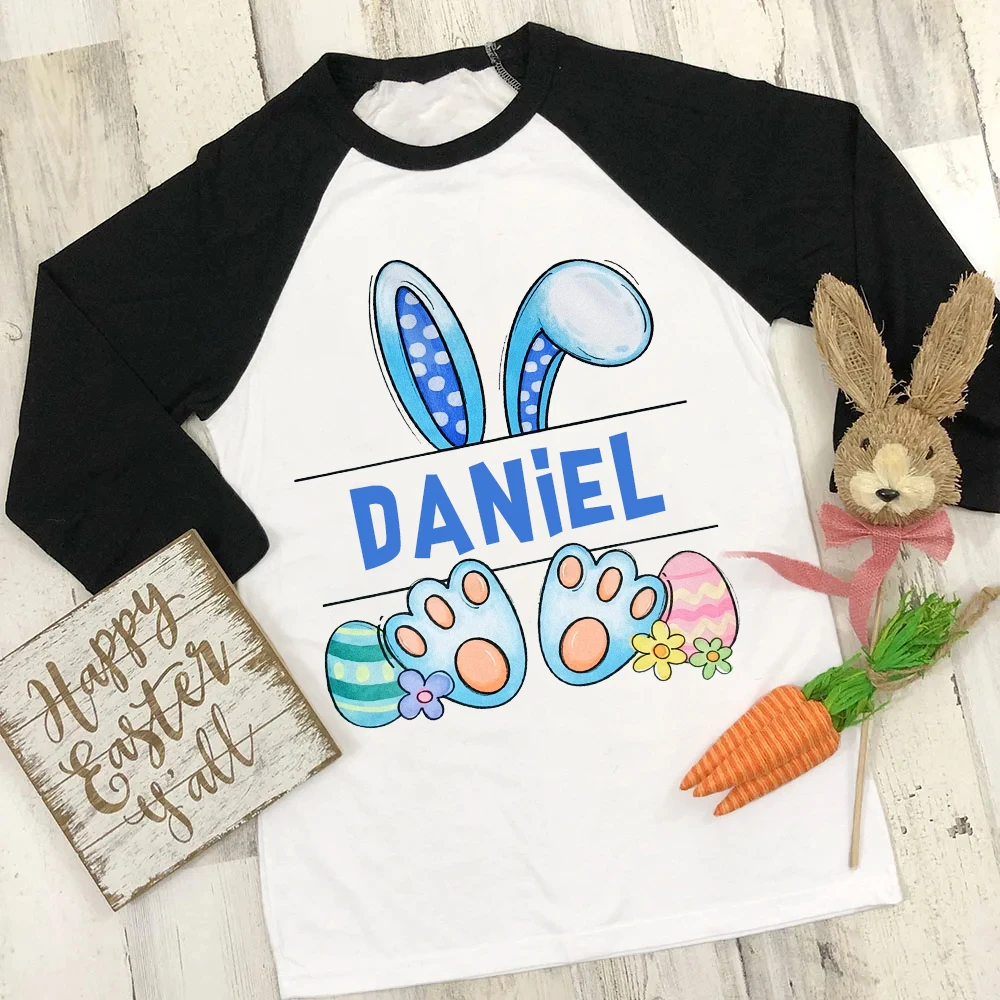 Personalized Easter Bunny with Name Kids Shirt Easter Party Child Outfit Boys Girls Raglan T-shirt Holiday Long Sleeve T Shirts