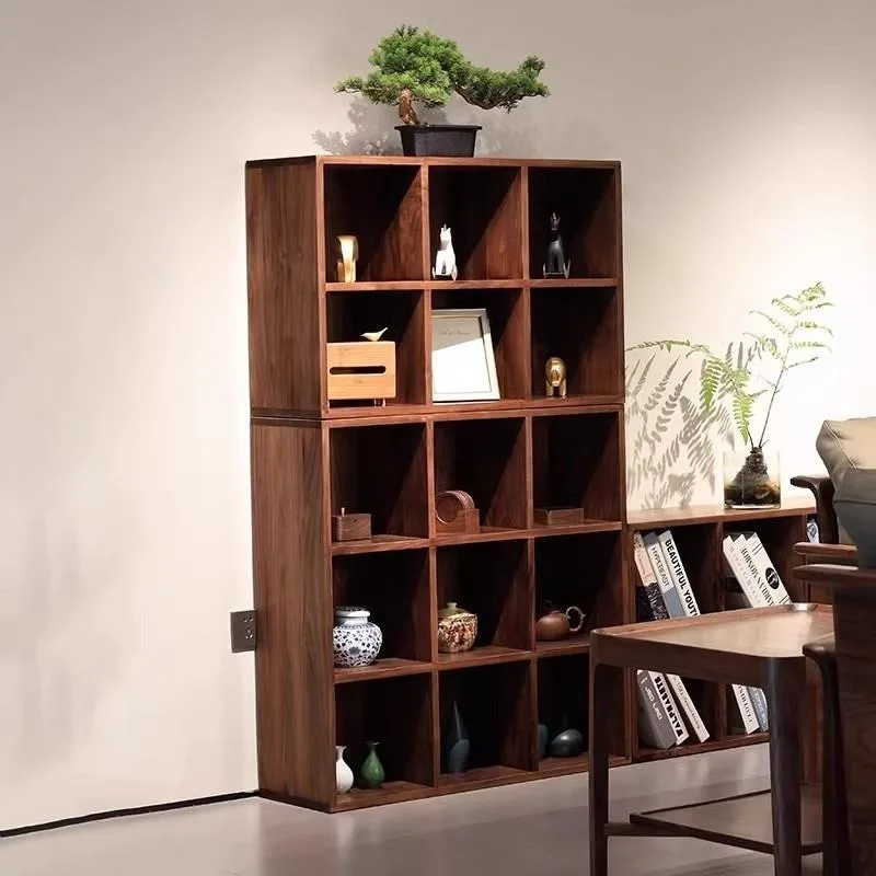 

Black walnut solid wood bookshelf floor free combination living room cabinet locker household lattice bookcase locker