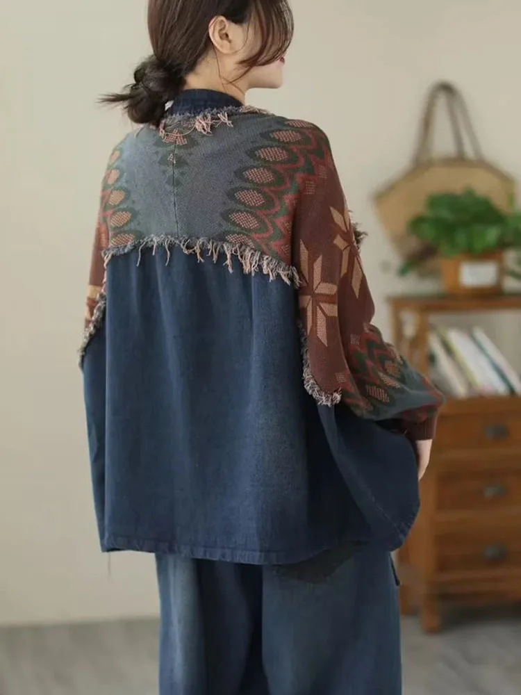 Amax LuluE 2025 Autumn Womens Fashion Loose Knitted Patchwork Denim Jackets Ladies Printed Vintage Leisure Coats Punk Streetwear