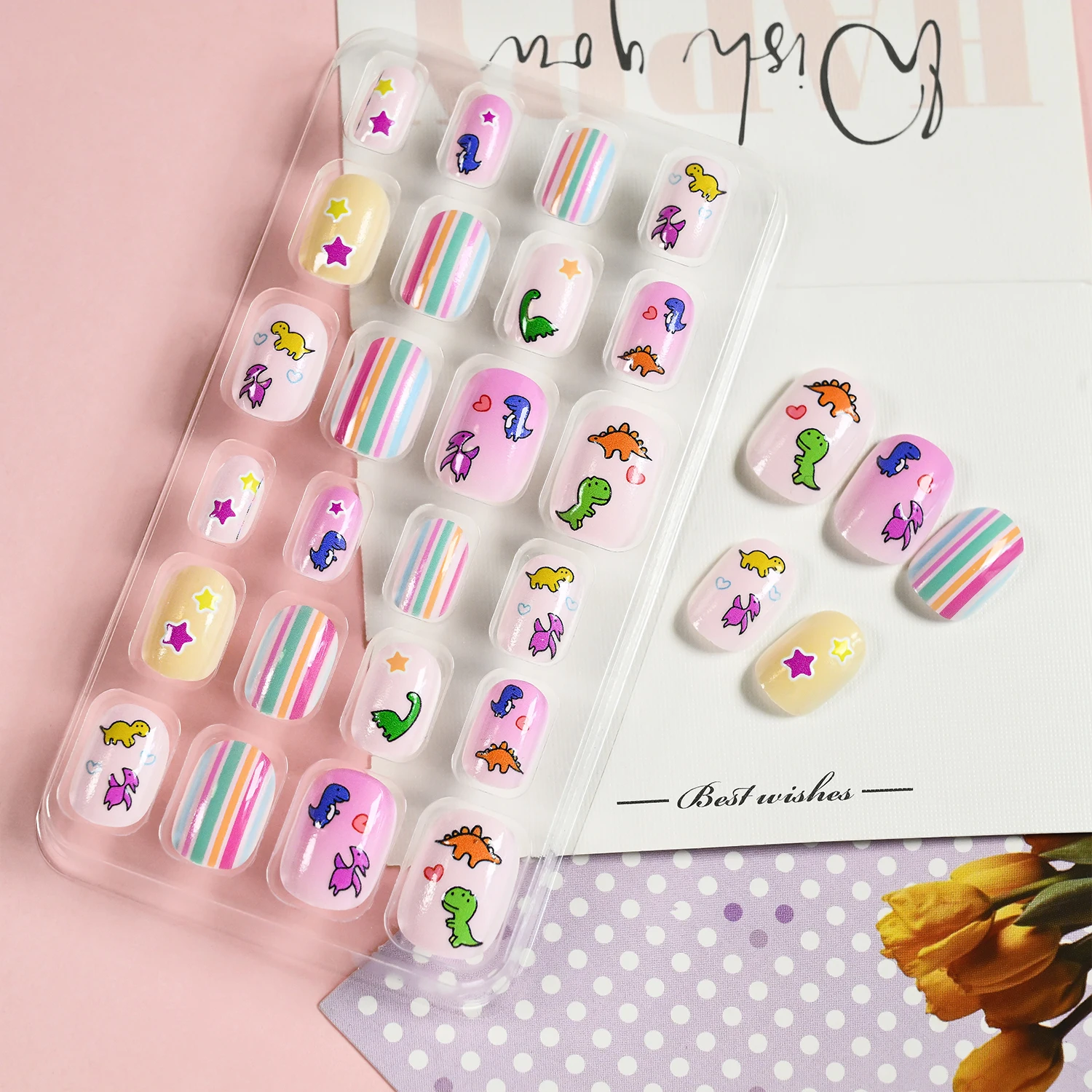 

120Pcs Lovely Kids Dinosaur Press On Nail Multi-design Green Apple Duck/Bear/Flowers Fake Nails Safe & Removable for DIY at Home