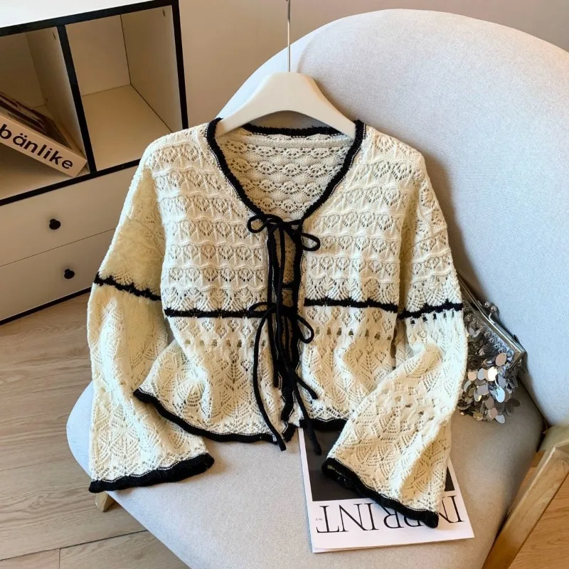 Lazy Wind Strap Knitted Cardigan Contrasting Coat Women's Early Autumn New French Design Fashion Short Top