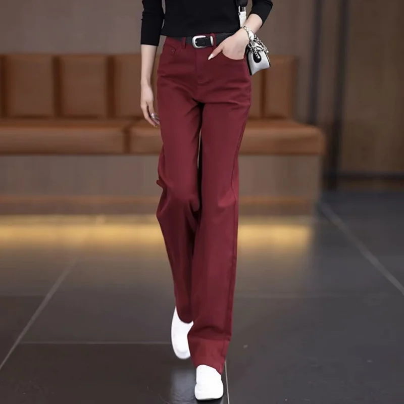 

Бордовые прямые джинсы с высокой талией длиной до пола, женские осенне-зимние новые дизайнерские модные свободные узкие широкие брюки, модные