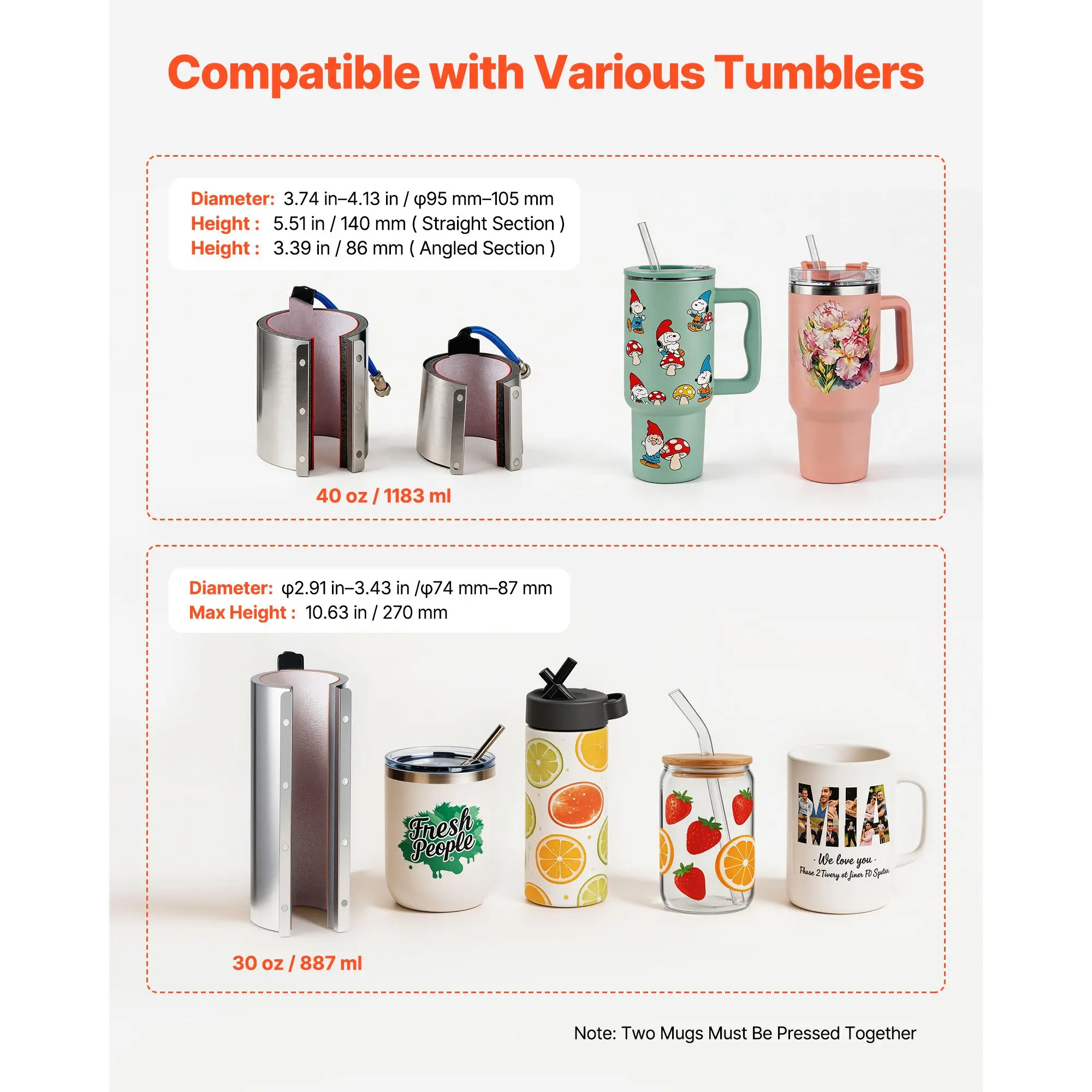 Tumbler Heat Press Machine, 30 oz and 40 oz Mug Press, Fast and Even Heating, with Tape, Gloves, Easy Temp and Time Setting, Hea