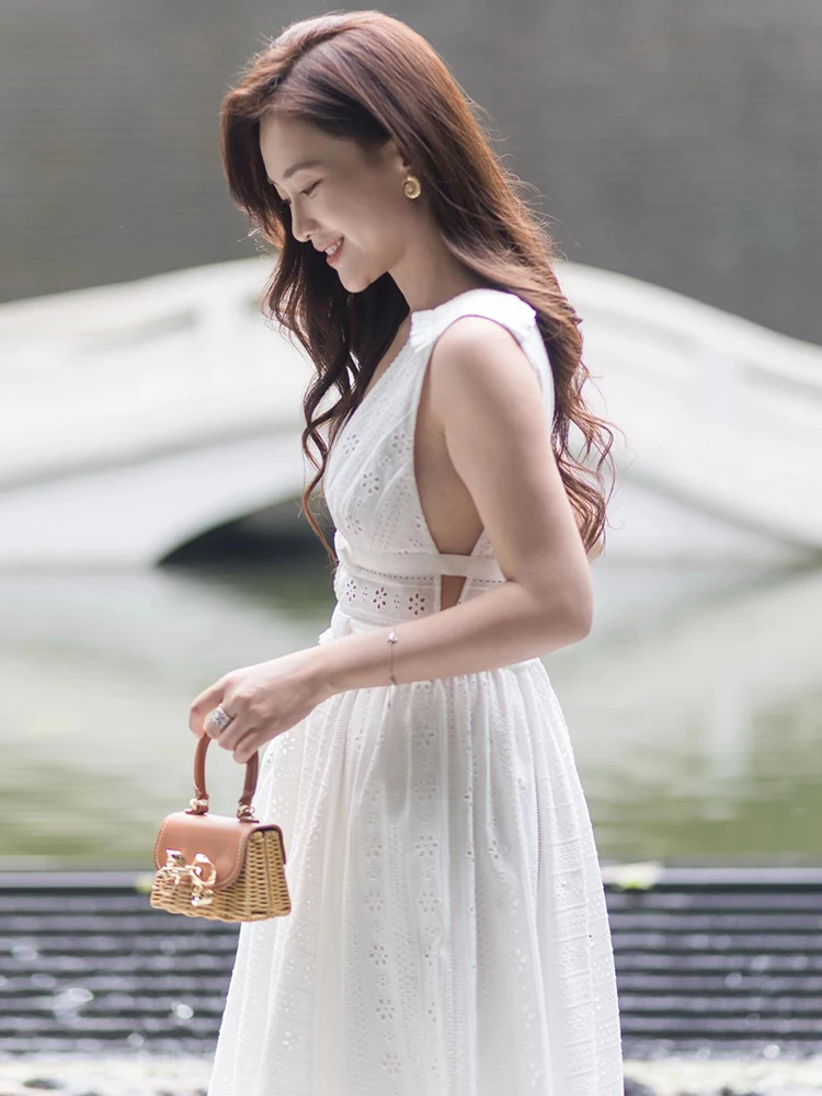 

Ele Long Lace Hollow out V-Ne Dr Gentle Sle High Waist A-Line Skirt Polyester Fiber Spring Summer Autumn Dr