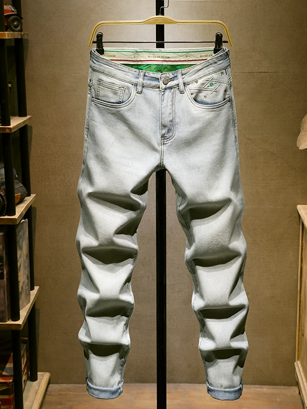 

Весенне-летние мужские джинсы нового стиля: зауженные, прямого кроя, из эластичного хлопка, с завышенной талией, молодежные, повседневные