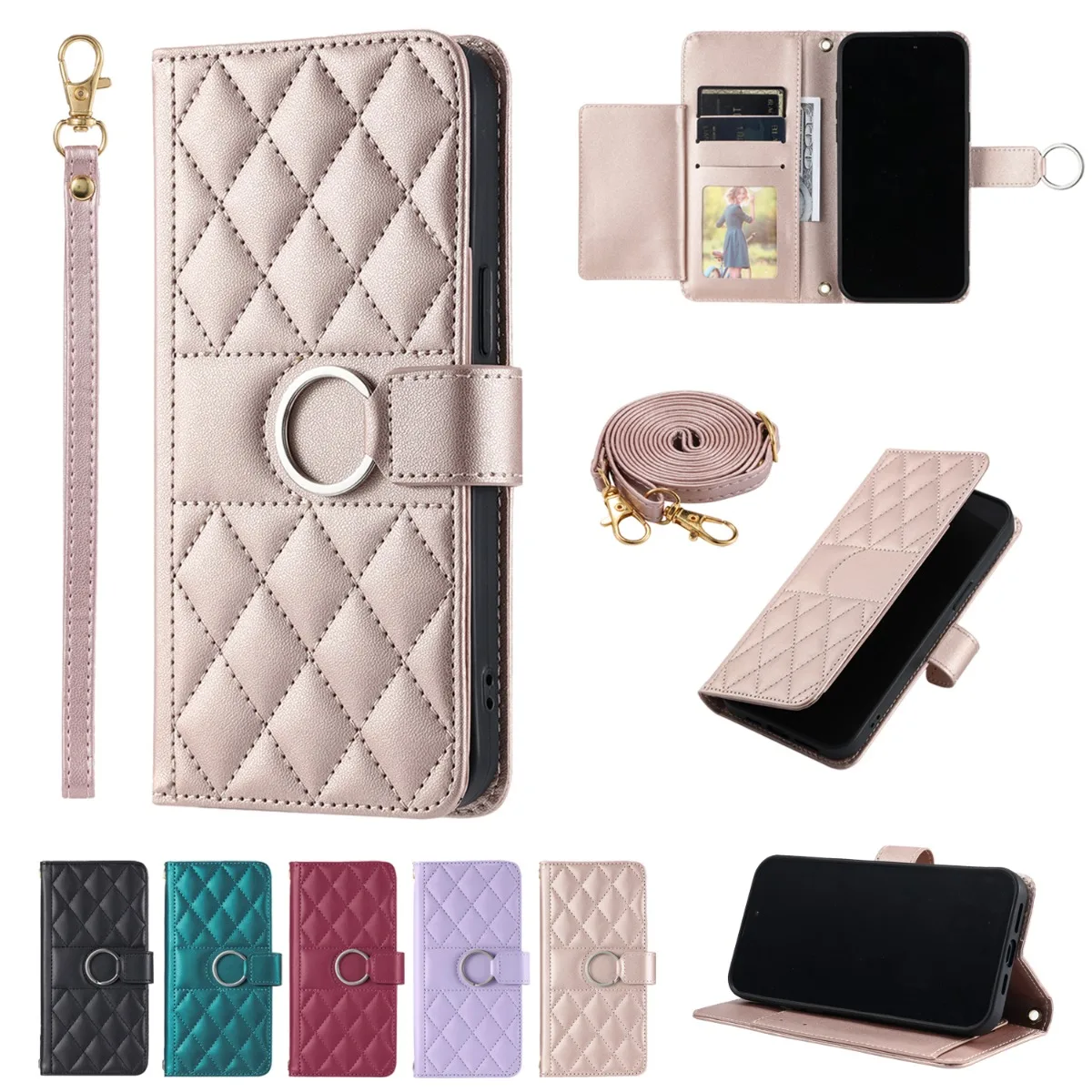 Luxury Leather Phone Case for IPhone Air 18 17 16 15 Plus 14 13 12 11 Pro Max Crossbody Wrist Strap Wallet Stand Protect Cover view 6