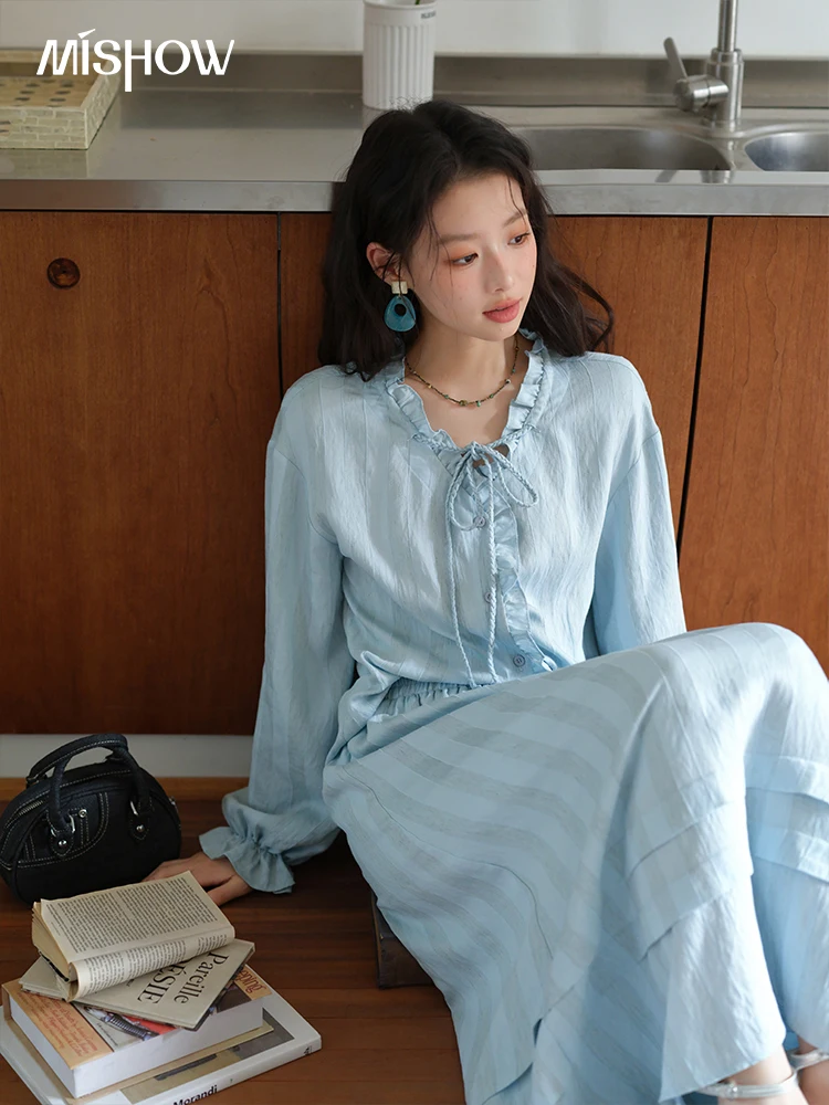 

MISHOW Women's Light Blue Striped Linen Suit 2025 Autumn Fungus Edge V-neck Lace-up Shirt Elastic Waist Skirt Two pcs MXE41T0700